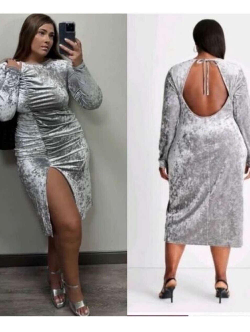Future Collective Silver Velvet Long Sleeve Ruched Midi Dress with Back Cutout
